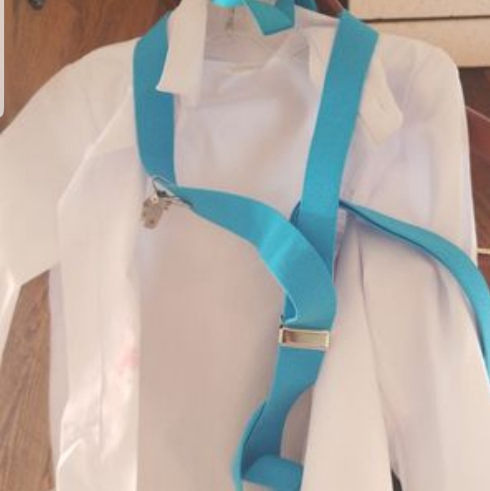 White shirt black pants blue or black bow tie